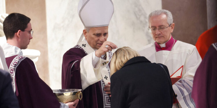 Pope Leo XIV attends the Ash Wednesday Mass at the Santa Sabina Basilica in Rome