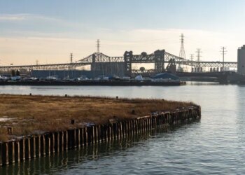 The Chicago Skyway Toll Bridge, a common path for Chicagoans to travel to Indiana, shown from South Ewing Avenue in South Chicago on Dec. 17, 2025. (Dominic Di Palermo/Chicago Tribune)