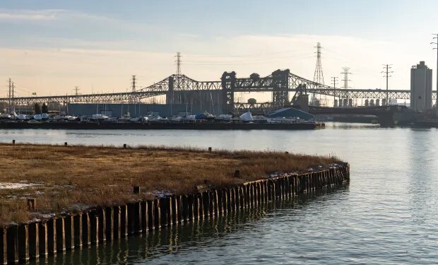 The Chicago Skyway Toll Bridge, a common path for Chicagoans to travel to Indiana, shown from South Ewing Avenue in South Chicago on Dec. 17, 2025. (Dominic Di Palermo/Chicago Tribune)