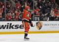 Ducks left wing Cutter Gauthier celebrates his goal during the...