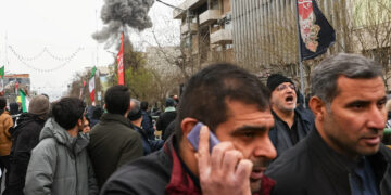 Smoke rises following an explosion during a protest marking the annual al-Quds Day (Jerusalem Day) on the last Friday of t...