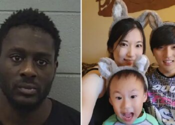 Man shown in booking photo in split next to family wearing bunny ears.