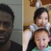 Man shown in booking photo in split next to family wearing bunny ears.