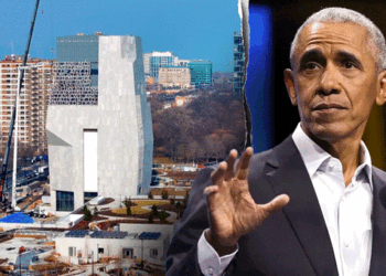 Animated GIF of the Obama Presidential Center construction next to a still photo of Barack Obama.