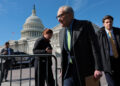 Senate Democrats speak to gathering opposed to the SAVE America legislation at the U.S. Capitol in Washington