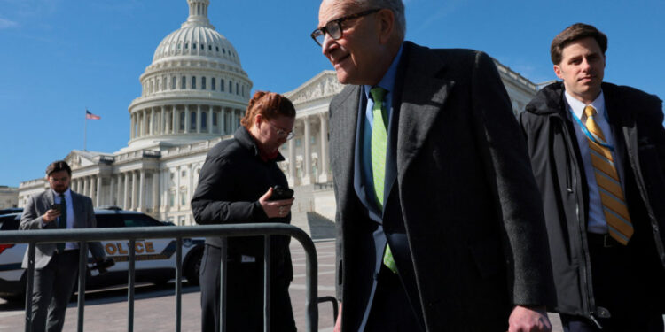 Senate Democrats speak to gathering opposed to the SAVE America legislation at the U.S. Capitol in Washington