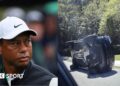 Tiger Woods' car is seen on its side and skid marks show where he crashed and lost control