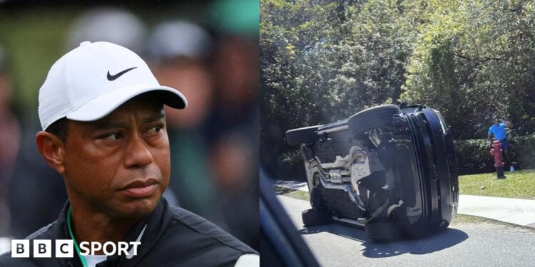 Tiger Woods' car is seen on its side and skid marks show where he crashed and lost control