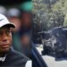 Tiger Woods' car is seen on its side and skid marks show where he crashed and lost control