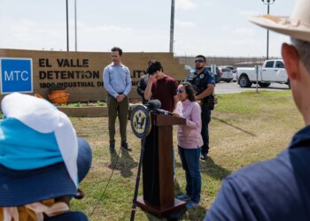 U.S. Rep. Monica De La Cruz speaks at a press conference shortly after Antonio G·mez-CuÈllarís release from the El Valle Detention Facility in Raymondville on March 9, 2026. G·mez-CuÈllar, a member of a nationally recognized mariachi band, and his family were detained by ICE last month.