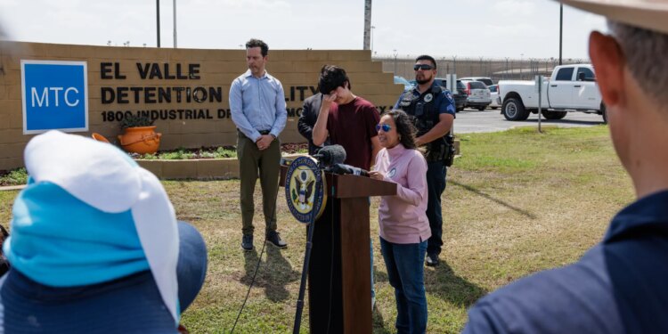 U.S. Rep. Monica De La Cruz speaks at a press conference shortly after Antonio G·mez-CuÈllarís release from the El Valle Detention Facility in Raymondville on March 9, 2026. G·mez-CuÈllar, a member of a nationally recognized mariachi band, and his family were detained by ICE last month.