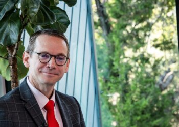 Texas Education Commissioner Mike Morath participates in a roundtable at the Alpha School campus in Austin on Sept. 9, 2025.