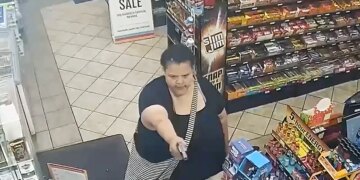 Woman holds gun