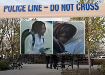 Photo of a potential suspect with an image of a crime scene in the background