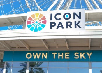 A large crowd of juveniles gathered at ICON Park in Orlando, Florida.