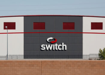 The Switch logo is pictured on a data center in Las Vegas