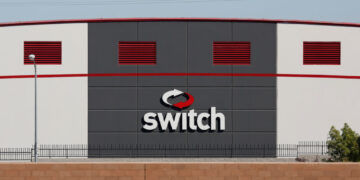 The Switch logo is pictured on a data center in Las Vegas