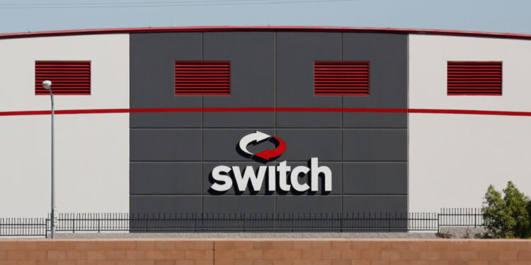 The Switch logo is pictured on a data center in Las Vegas