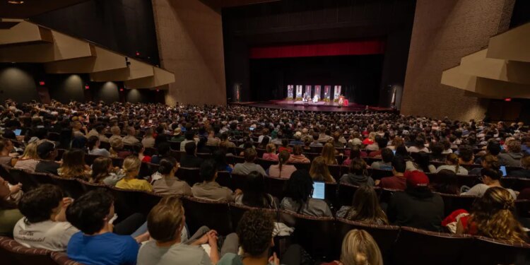 Mike Pence, 48th Vice President of the United States speaks during Texas A&M University’s Civil Discourse Symposium at the Rudder Auditorium in College Station, Texas on Monday April 20, 2026.