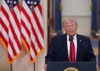 U.S. President Donald Trump delivers an address to the nation about the Iran war at the White House in Washington