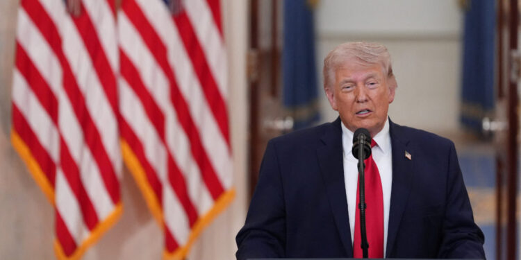 U.S. President Donald Trump delivers an address to the nation about the Iran war at the White House in Washington