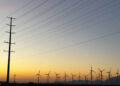 Wind turbines are show at sunrise in Palm Springs, California