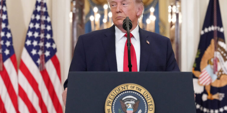 U.S. President Donald Trump delivers an address to the nation about the Iran war at the White House in Washington
