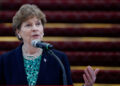 FILE PHOTO: U.S. Senator Jeanne Shaheen (D-NH) speaks during a press conference at the Presidential Office Building in Taipei