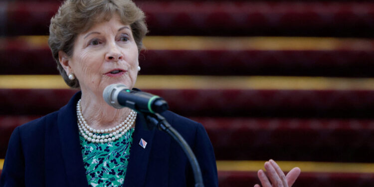 FILE PHOTO: U.S. Senator Jeanne Shaheen (D-NH) speaks during a press conference at the Presidential Office Building in Taipei