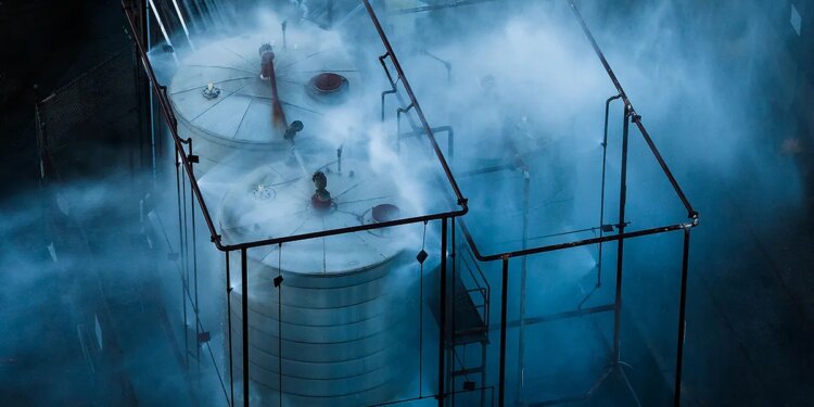 Water spraying on an overheated tank at an aerospace plant in Garden Grove, Calif.