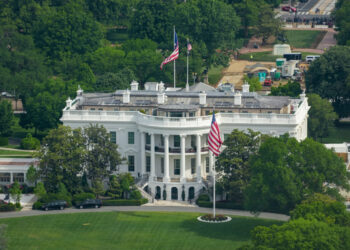 Aerial view from the top of the Washington Monument of the White House