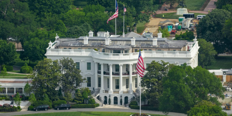 Aerial view from the top of the Washington Monument of the White House
