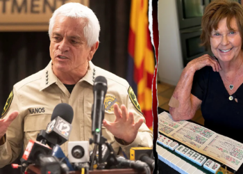 A split image shows Pima County Sheriff Chris Nanos speaking to reporters and missing Nancy Guthrie sitting with some mahjong tiles