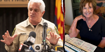 A split image shows Pima County Sheriff Chris Nanos speaking to reporters and missing Nancy Guthrie sitting with some mahjong tiles