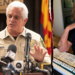 A split image shows Pima County Sheriff Chris Nanos speaking to reporters and missing Nancy Guthrie sitting with some mahjong tiles