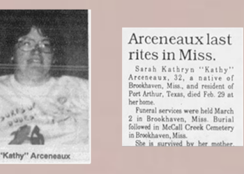 newspaper clipping for Kathy Arceneaux murder from 1996