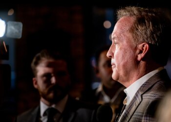 Attorney General Ken Paxton speaks during the first stop on his Texas First Tour to launch his campaign for the United States Senate on Monday, Feb. 16, 2026, at Republic Icehouse in Tyler.