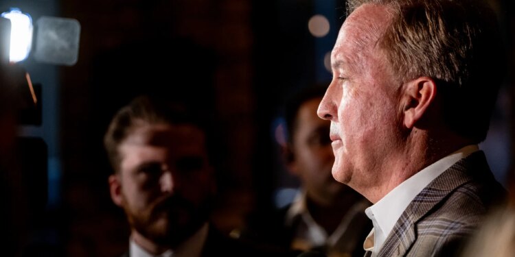 Attorney General Ken Paxton speaks during the first stop on his Texas First Tour to launch his campaign for the United States Senate on Monday, Feb. 16, 2026, at Republic Icehouse in Tyler.