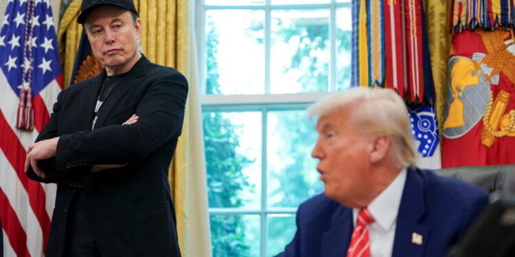 U.S. President Donald Trump and Elon Musk attend a press conference at the White House