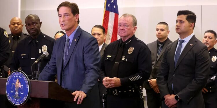 Los Angeles County District Attorney Nathan Hochman speaks at podium