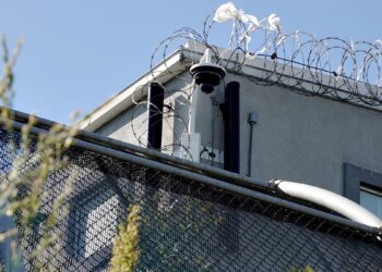 Surveillance camera mounted outside Delaney Hall detention center in Newark, New Jersey