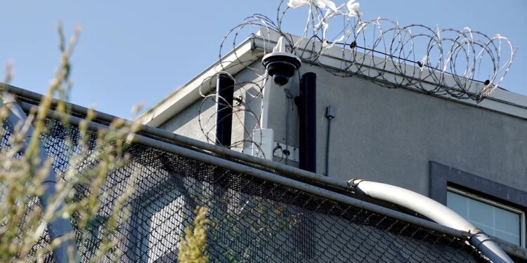 Surveillance camera mounted outside Delaney Hall detention center in Newark, New Jersey