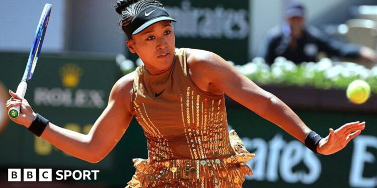 Naomi Osaka wears a gold sequined dress in the first round at the French Open
