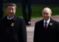 Leaders lay flowers during a ceremony on Victory Day in central Moscow