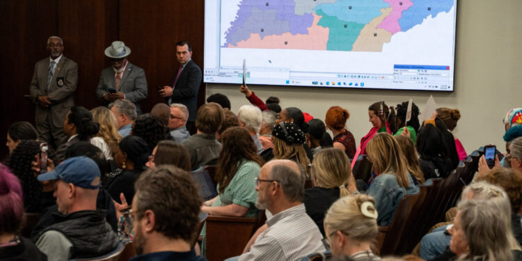 Demonstrators gather outside the Tennessee state capital building to protest edistricting