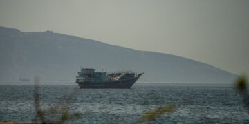 A vessel anchored at the Strait of Hormuz, as seen from Musandam, Oman