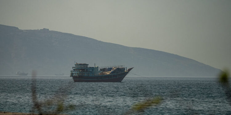 A vessel anchored at the Strait of Hormuz, as seen from Musandam, Oman