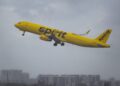 A Spirit Airlines airplane departs from Fort Lauderdale - Hollywood International Airport, Florida