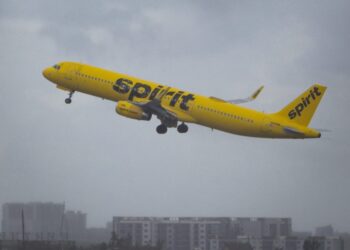A Spirit Airlines airplane departs from Fort Lauderdale - Hollywood International Airport, Florida