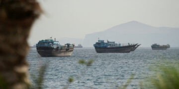 Vessels sail through the Strait of Hormuz